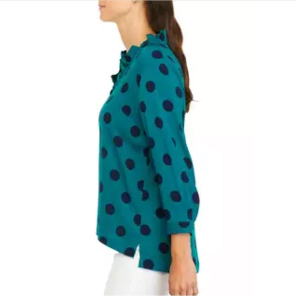 Crown & Ivy Emerald Green Dotted 3/4 Sleeve Ruffle Neck Printed Top Size Small - Picture 3 of 8
